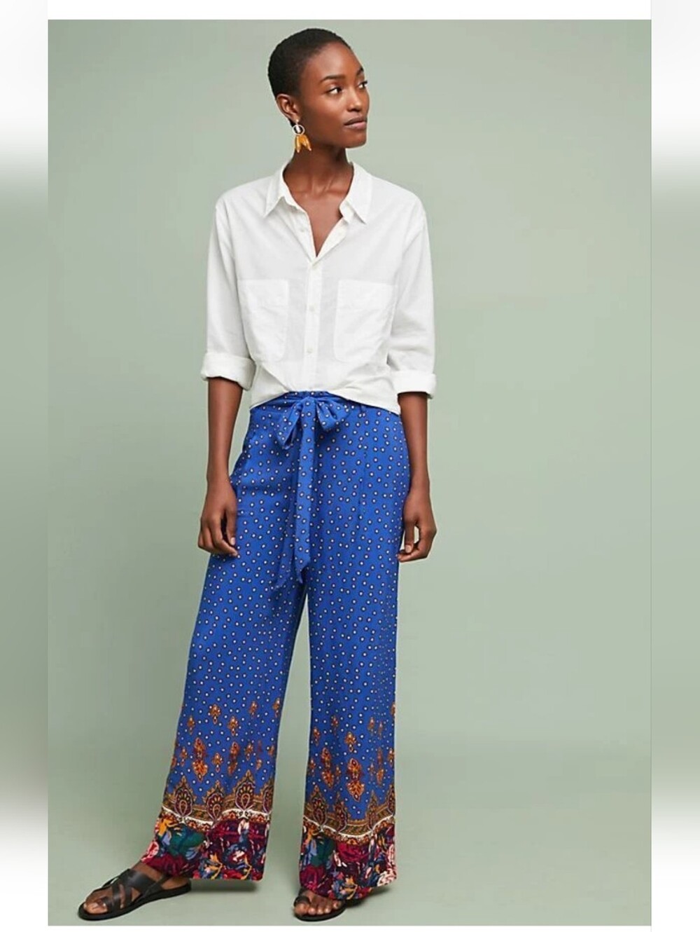 ANTHROPOLOGIE Ett:twa Blue Paisley Print High-Waist Wide-Leg Pants Tie Belt Sz 6